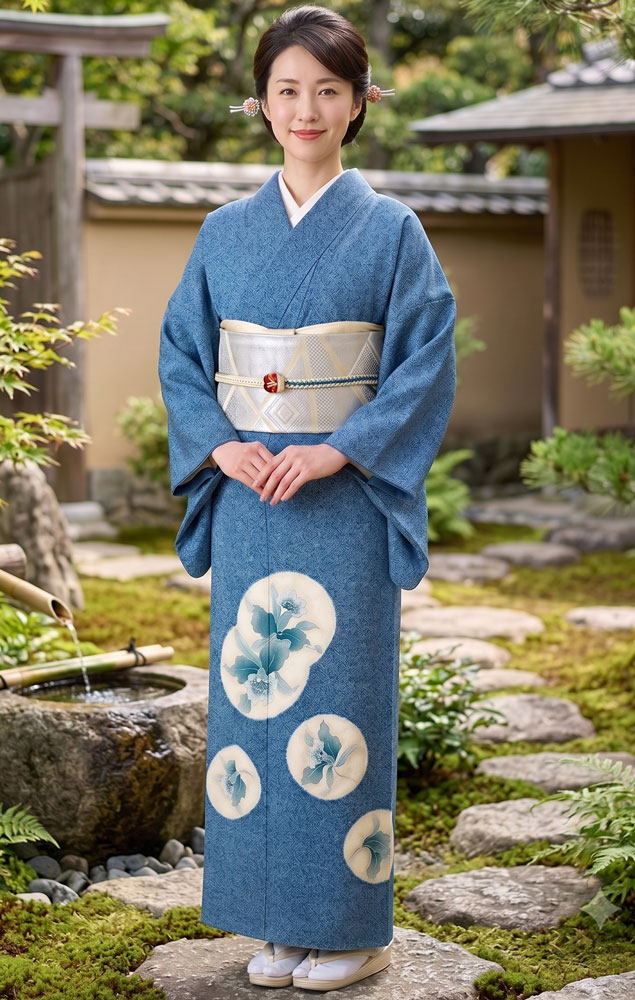 青色花柄着物 絹製刺繍入り 正絹訪問着レンタルフルセット「うずまきに丸に花」 | レンタル着物