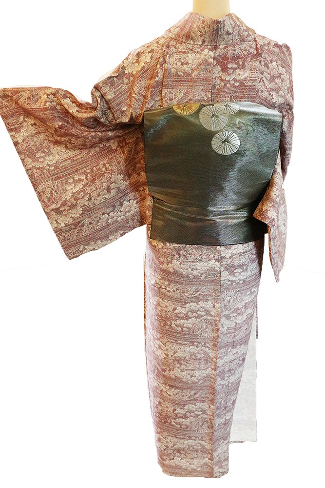 単衣　小紋　フルセット　正絹　傘文様　N4 正絹単衣小紋レンタルフルセット「鮫に風景総柄」 | レンタル着物,単衣