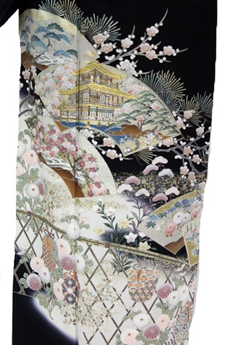正絹黒留袖レンタルフルセット「垣に仕覆・地紙に草花と金閣寺