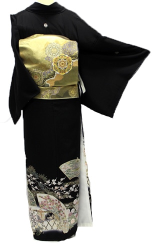 舞姫様【黒留袖＋袋帯セット】正絹　黒留袖　鶴笹松花に金箔　比翼　帯セット 舞姫様【黒留袖＋袋帯セット】正絹 黒留袖 鶴笹松花に金箔 比翼