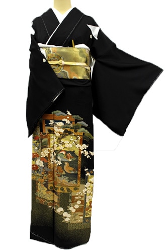 正絹黒色にぼかしの花模様の着物と作り帯のフルセット 正絹黒色にぼかしの花模様の着物と作り帯のフルセット