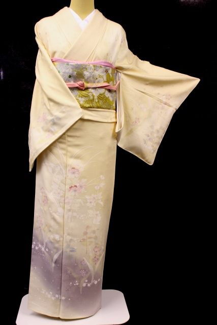 付け下げ　フルセット　着物　正絹　訪問着　金糸　花　ロング丈　G2 正絹訪問着レンタルフルセット「裾ぼかし・星の地紋に花」 | すべての