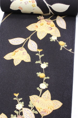 正絹　小紋　ちりめん　黒　橘柄　袷 正絹小紋ちりめん黒橘柄袷