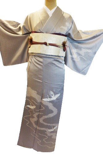 訪問着　フルセット　着物　付下げ　正絹　鶴　刺繍　絞り　落款　金　花　F7 訪問着 フルセット 着物 付下げ 正絹 鶴 刺繍 絞り 落款 金 花