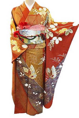 丹後ちりめん　可愛い小振袖　未使用 振袖用 帯揚げ 正絹 丹後ちりめん 花刺繍 日本製 単品 赤 黄 緑