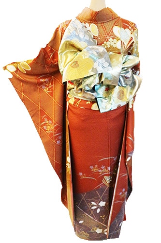 丹後ちりめん振袖レンタルフルセット「箔 蝶に鹿の子と萩桔梗」往復