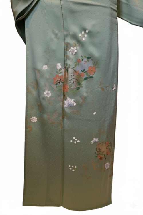 ハ*☆様 新品 刺繍 唐草 着物“面影留めて大人が香る”正絹 仕付け糸付 訪問着 正絹訪問着 レンタルフルセット「総柄汕頭刺繍 横段唐花華紋