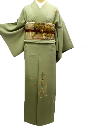 作り帯付 正絹訪問着レンタルフルセット｢日本刺繍 松・笹