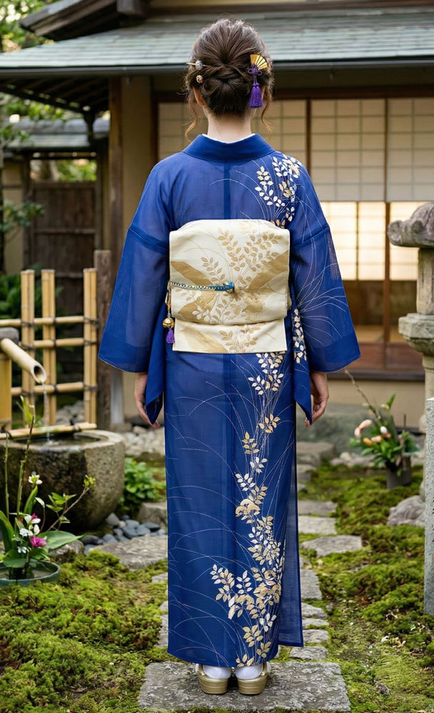 訪問着　フルセット　着物　正絹　落款　山　Sサイズ　青　金彩　しつけ糸　F9 正絹夏訪問着レンタルフルセット「藤萩花々」 | すべての商品 | きもの
