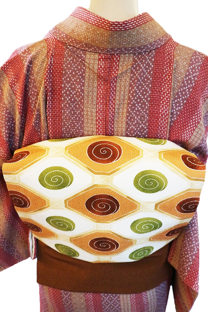 正絹お召しレンタルフルセット「縞に十字幾何学総柄」 | レンタル着物