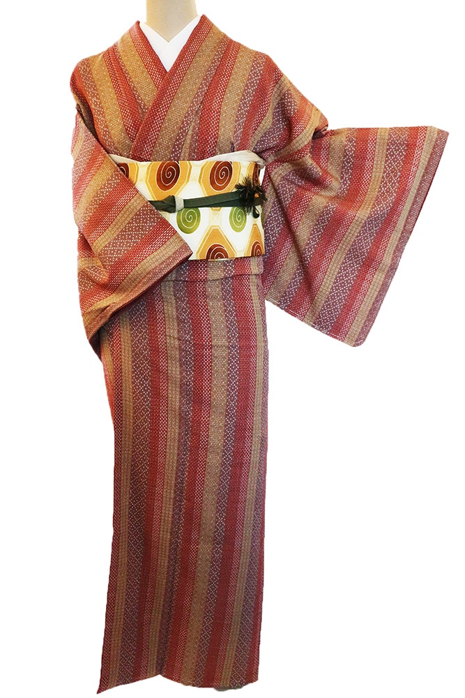 正絹お召しレンタルフルセット「縞に十字幾何学総柄」 | レンタル着物