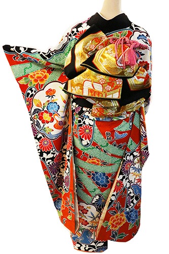 ♢お値下げしました！正絹 振袖+袋帯セット 京紅型 大輪万寿菊