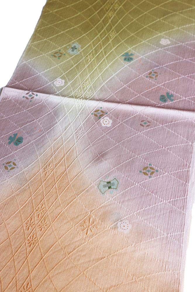 作家もの　付け下げ　七宝　藍染　円弧　よろけ模様　ちりめん着物　012a d 作家もの 付け下げ 七宝 藍染 弧 よろけ模様 ちりめん着物 012a d