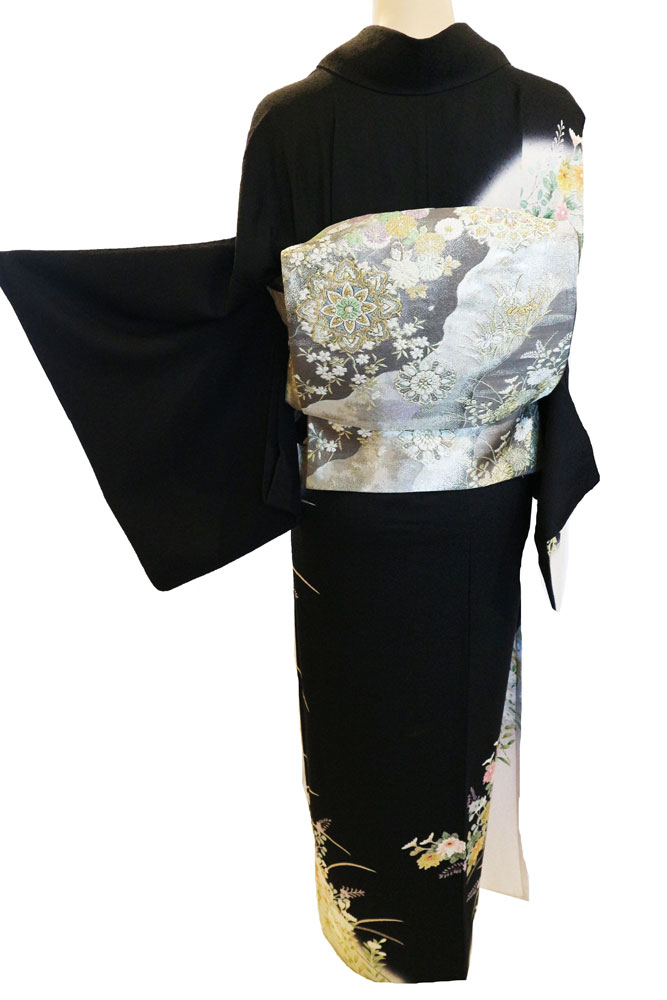 単衣【正絹 】モノトーン【極上逸品】グラデーション【新品未使用】訪問着フルセット 正絹単衣紬訪問着 レンタルフルセット「友禅 ぼかしに波と葉