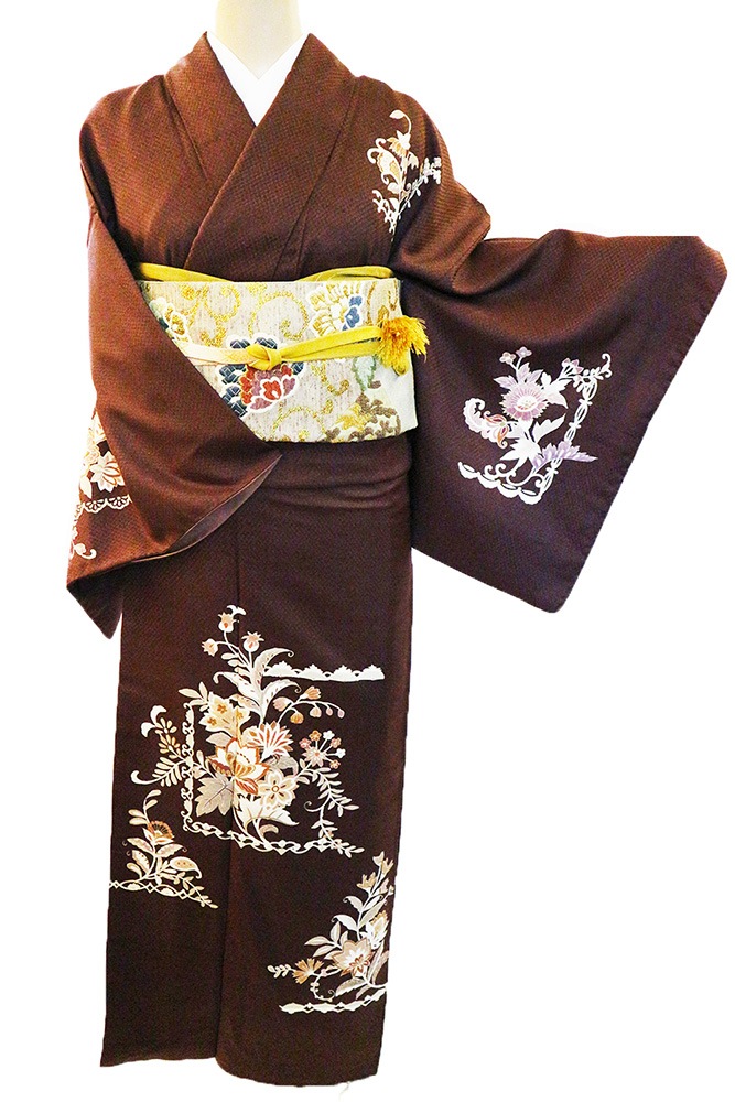 更紗 正絹 訪問着 新品正絹色無地 更紗花唐草地紋 紅藤色 ⑨(