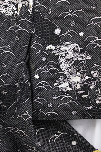 訪問着　フルセット　着物　正絹　たたき染め　花　金　白黒　トールサイズ　O2 訪問着 フルセット 着物 正絹 たたき染め 花 金 白黒 トールサイズ O2