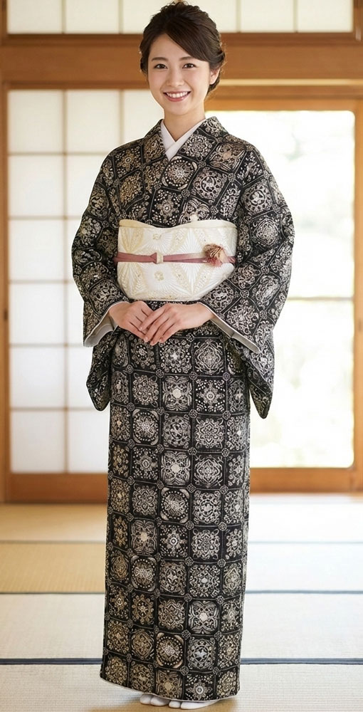 正絹訪問着 レンタルフルセット「総柄汕頭蘇州刺繍 格子華紋