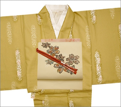 単衣　小紋フルセット　着物　正絹　葉文様　黄　G6 000000012589.jpg