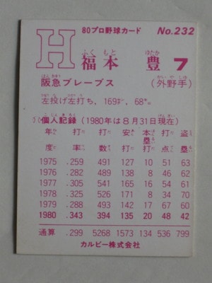 カルビープロ野球カード1979年阪急ブレーブス福本豊 カルビープロ野球カード1979年阪急ブレーブス福本豊 カルビー