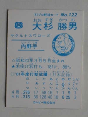 78年カルビープロ野球カード 東海地区限定版 大杉勝男 ヤクルトスワローズ カルビー プロ野球カード 1978年度版 ヤクルトスワローズ 大杉勝男