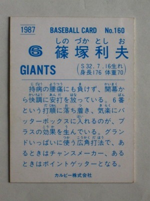 87160 カルビープロ野球カード 1987年 No.160 巨人 篠塚利夫 並