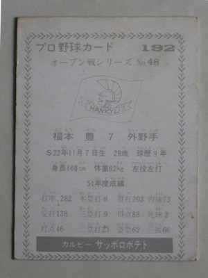 77192 カルビープロ野球カード 1977年 No.192 阪急 福本豊 並