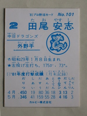 【限定版】カルビー、プロ野球カード、1984年644、中日、田尾安志 限定版】カルビー、プロ野球カード、1984年644、中日、田尾安志