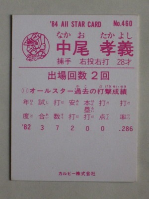 84460 カルビープロ野球カード 1984年 No.460 中日 中尾孝義