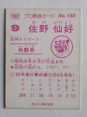 82150 カルビープロ野球カード 1982年 No.150 阪神 佐野仙好 並