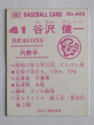 82449 カルビープロ野球カード 1982年 No.449 中日 谷沢健一 並～並