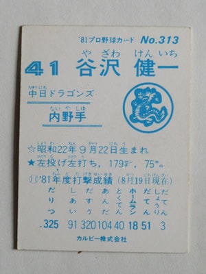 81313 カルビープロ野球カード 1981年 No.313 中日 谷沢健一 並品