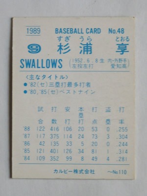 89048 カルビープロ野球カード 1989年 No.48 ヤクルト 杉浦亨 並