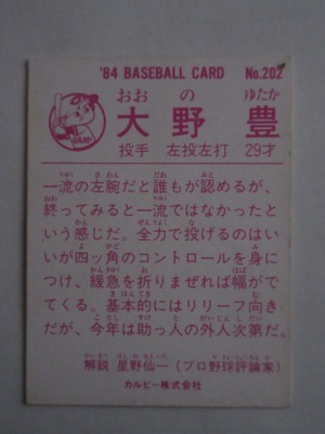 84202 カルビープロ野球カード 1984年 No.202 広島 大野豊 並下品 