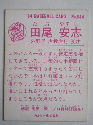 84644 カルビープロ野球カード 1984年 No.644 中日 田尾安志 並下品