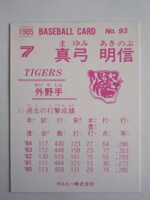 カルビープロ野球エラーカード2枚1982年阪神タイガースNo.11・25真弓明信 82025 カルビープロ野球カード 1982年 No.25 阪神 真弓明信 並