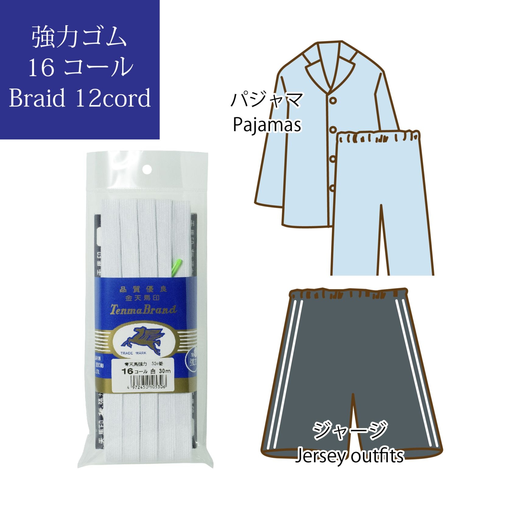 【金天馬ブランド】スカートやジャージのウエストゴムにおすすめ。つなぎ無しの31ｍ巻平ゴム約15ｍｍ幅青天馬（16コール）