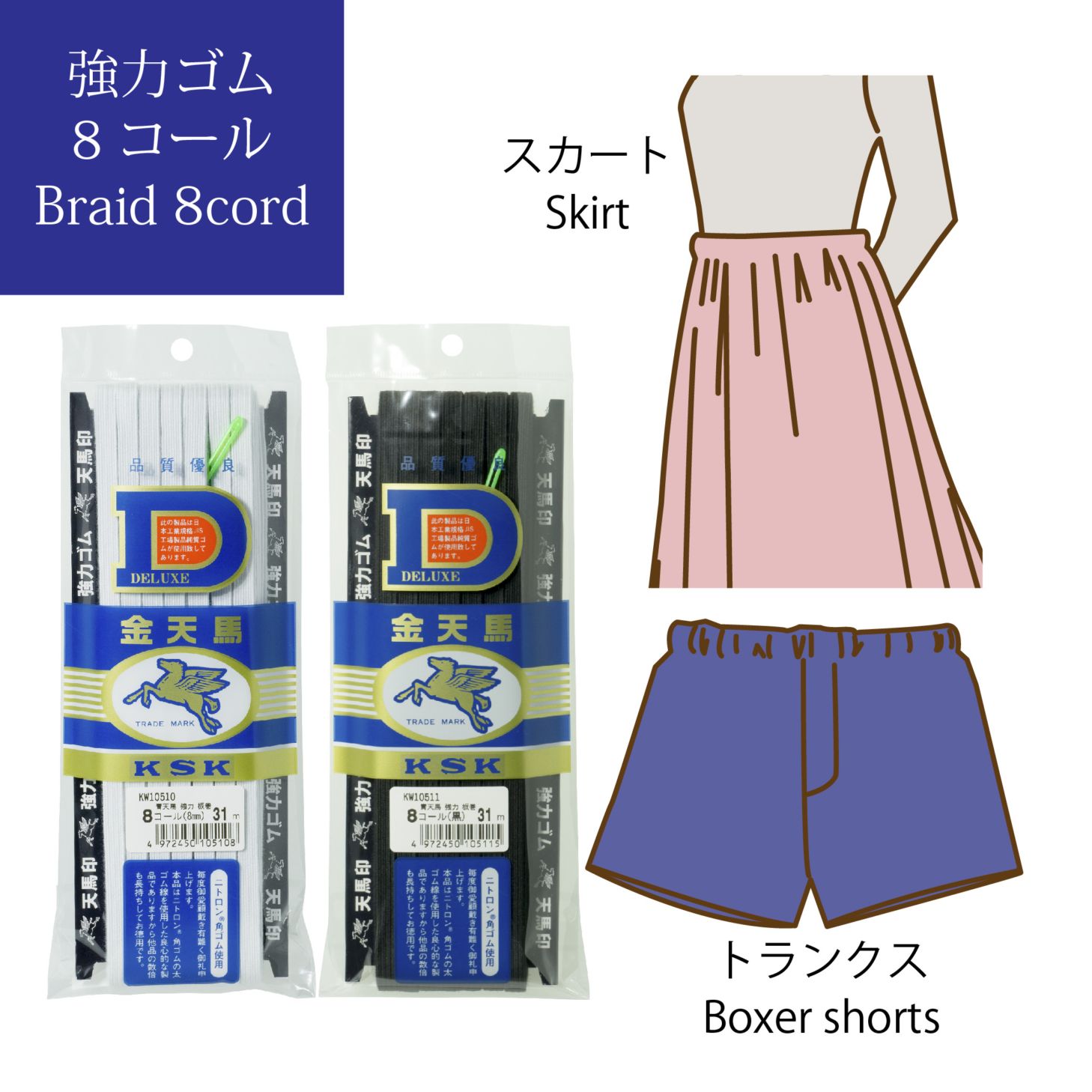 【金天馬ブランド】スカートやジャージのウエストゴムにおすすめ。つなぎ無しの31ｍ巻平ゴム約8ｍｍ幅青天馬（8コール）