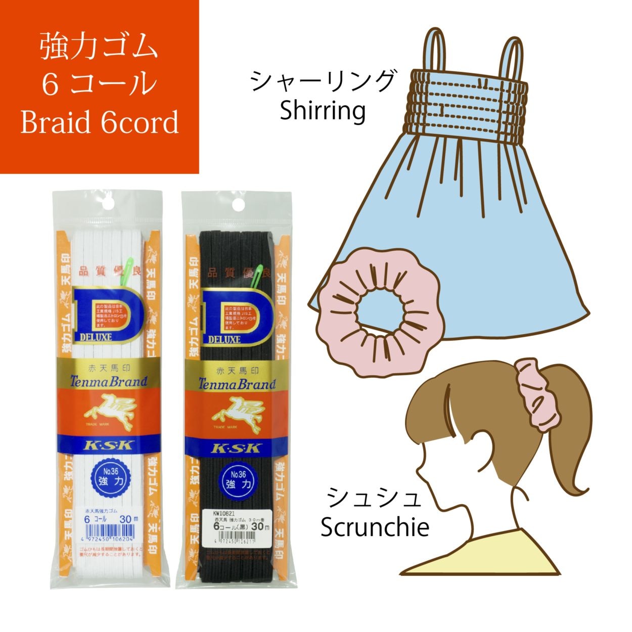 【金天馬ブランド】洋服のシャーリングやシュシュなどの小物におすすめ。強力平ゴム　赤天馬6コール　約6ｍｍ幅