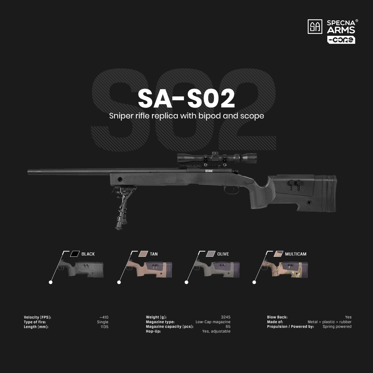 Specna Arms SA-S02 M40A3タイプ スナイパーライフル スコープ&バイポッドセット ブラック