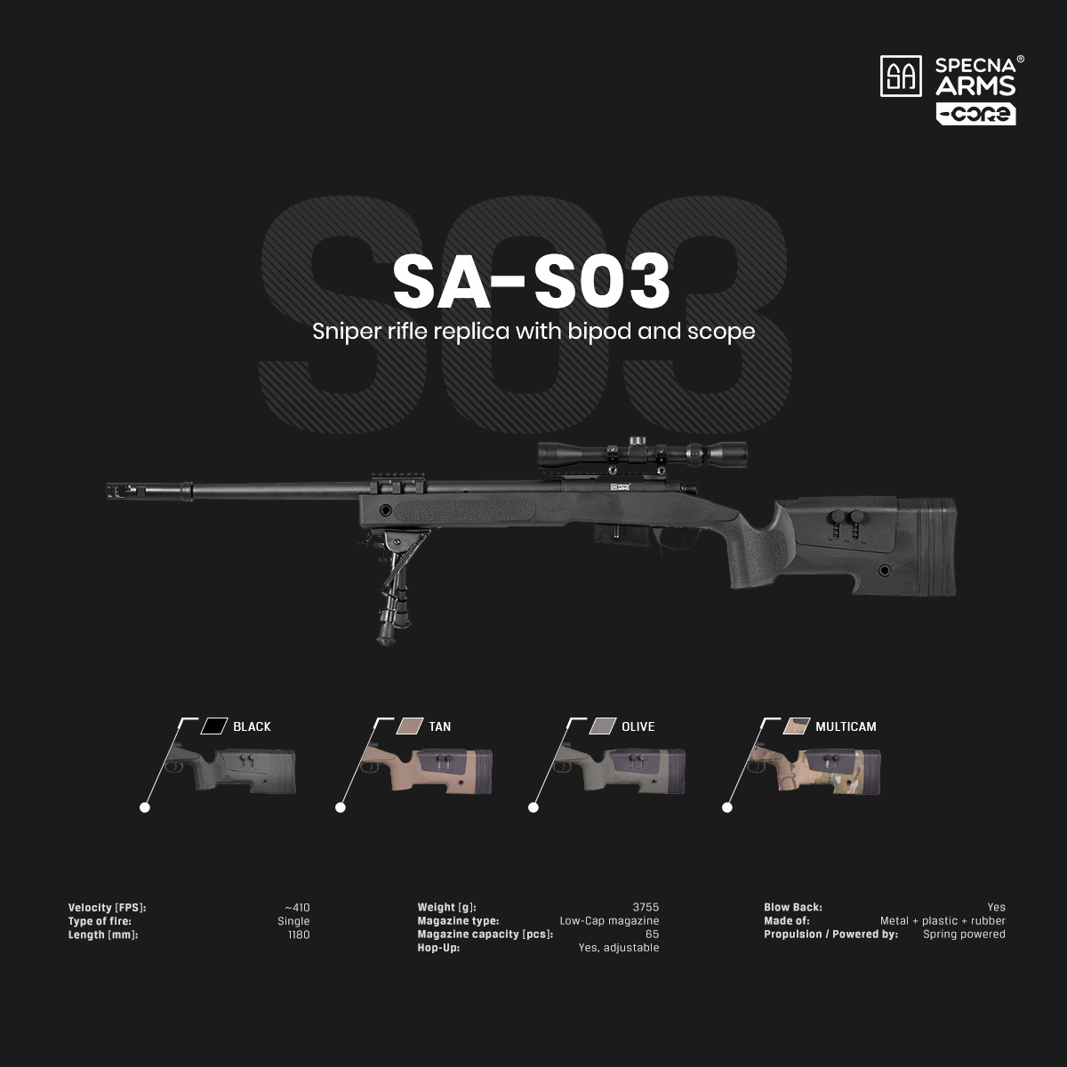 Specna Arms SA-S03 M40A5タイプ スナイパーライフル スコープ&バイポッドセット ブラック