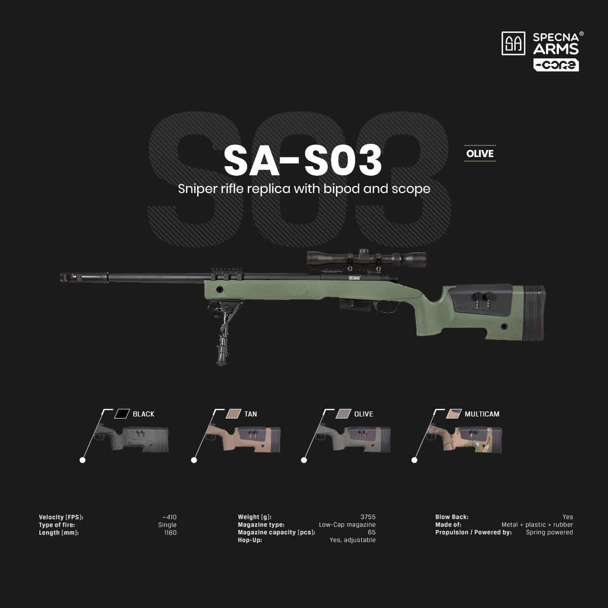 Specna Arms SA-S03 M40A5タイプ スナイパーライフル スコープ&バイポッドセット オリーブドラブ