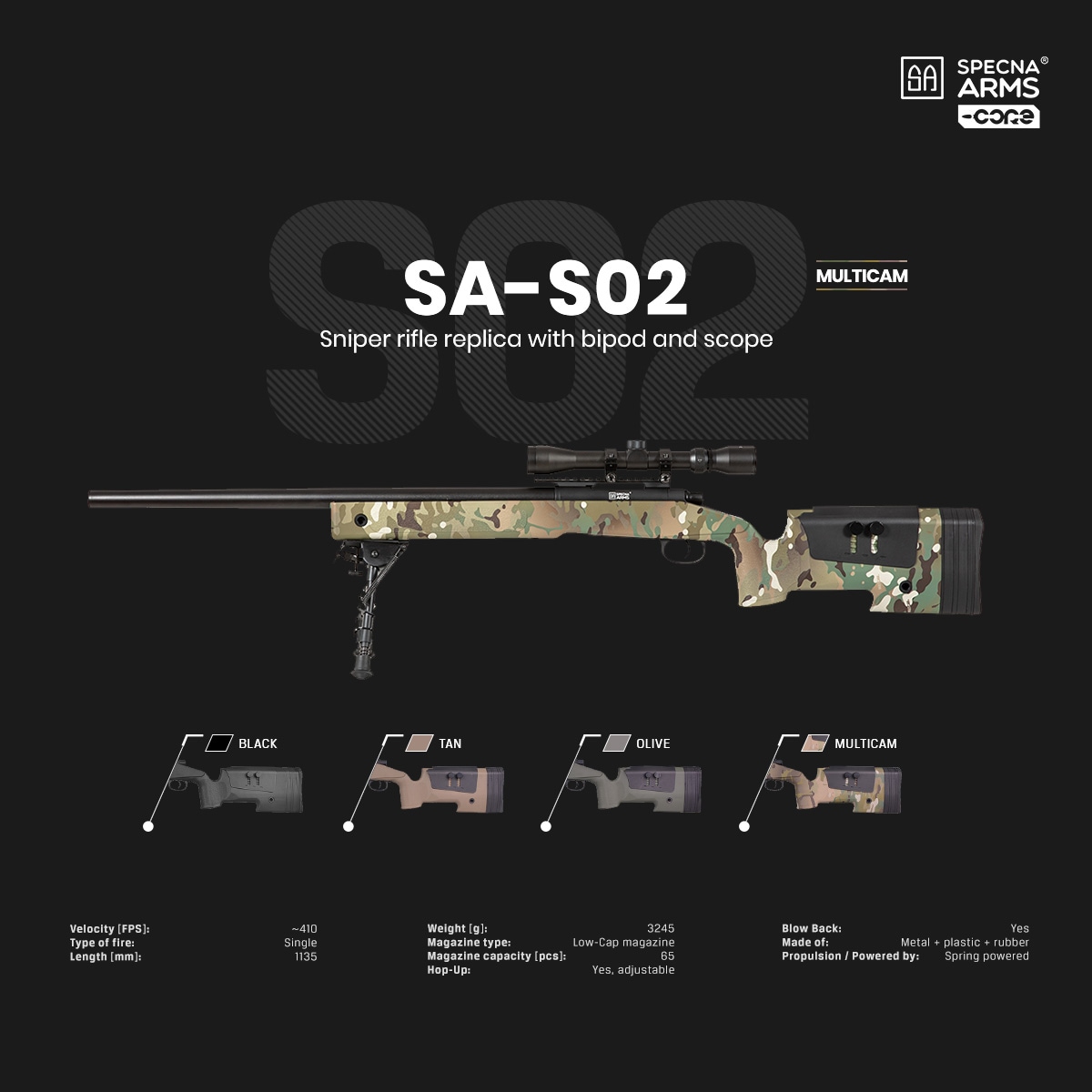 Specna Arms SA-S02 M40A3タイプ スナイパーライフル スコープ&バイポッドセット マルチカム