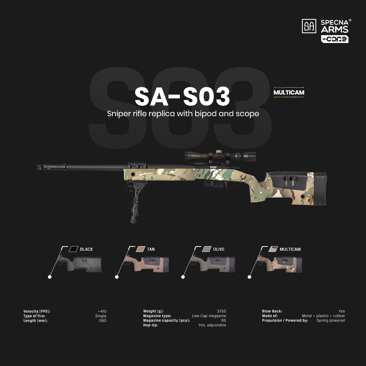 Specna Arms SA-S03 M40A5タイプ スナイパーライフル スコープ&バイポッドセット マルチカム