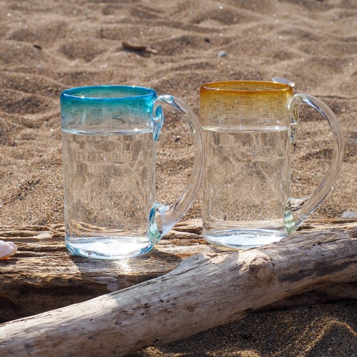 大正戦前 和ガラス ビールジョッキ 青色 カットグラス 検）氷コップアンティーク2色3色