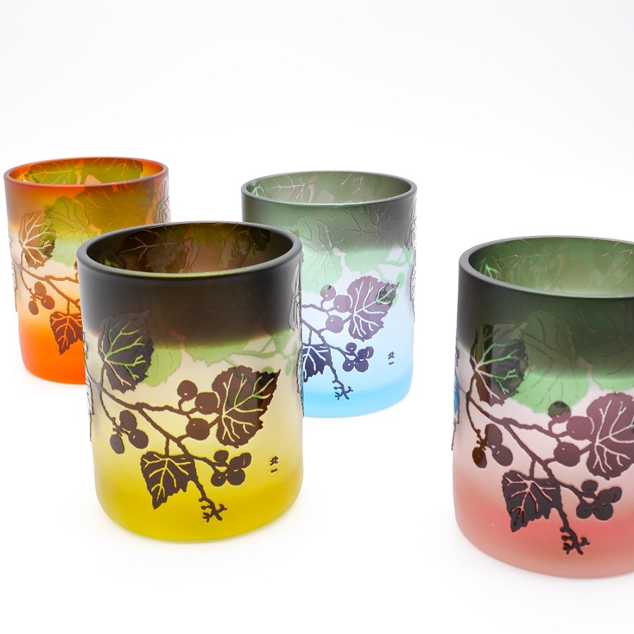 北一硝子 ぎやまん グラス2個セット 彫 切子 ぶどう