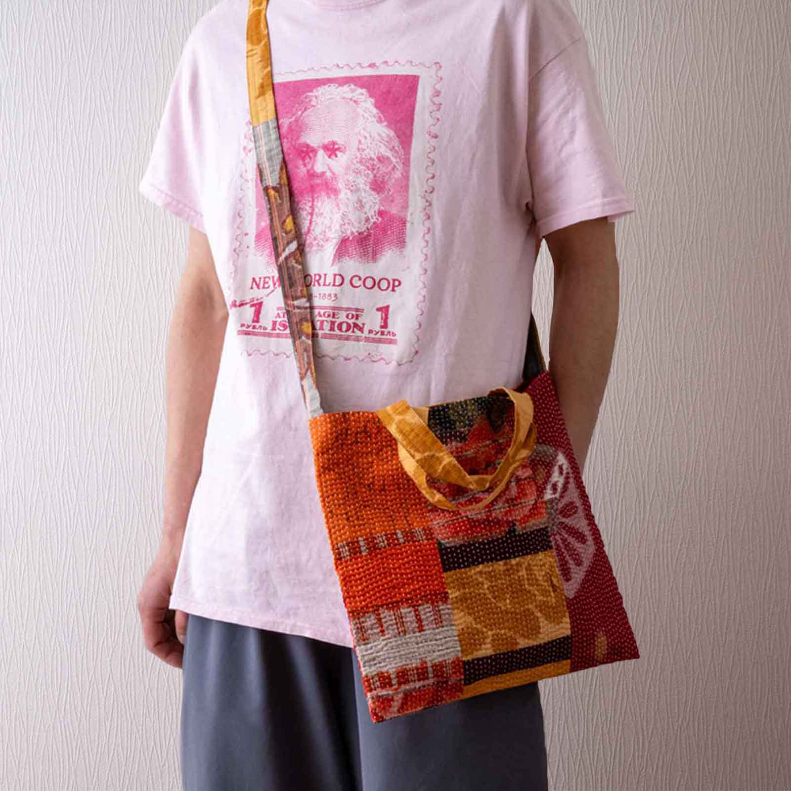 布羊舎/古布の刺し子ショルダーバッグ/紅パッチワーク