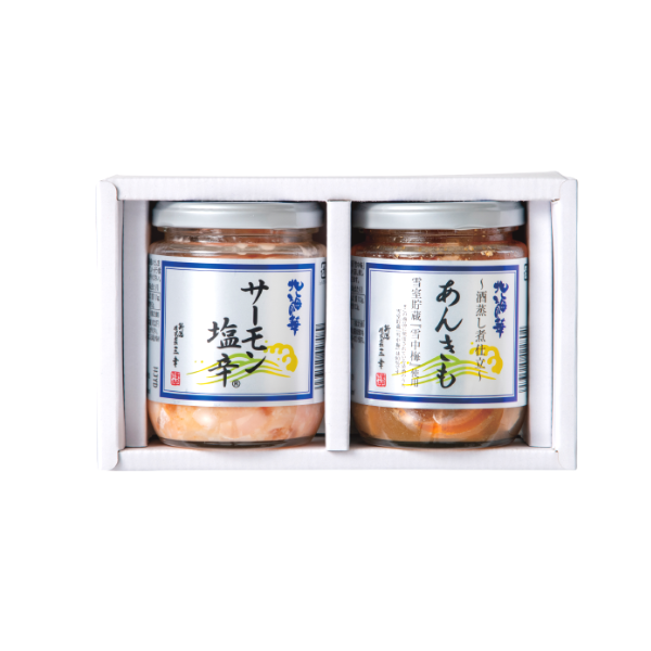 コク深いおつまみセット（サーモン塩辛・酒蒸し煮仕立 あんきも）A-19