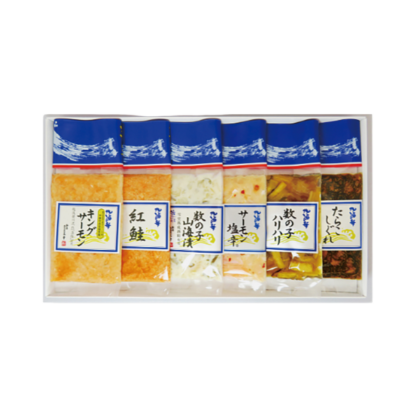 新潟の味 鮭と珍味の6点セット（サーモン塩辛・キングサーモン・紅鮭・たらこしぐれ・数の子山海漬・数の子ハリハリ）＜袋パック＞E-06