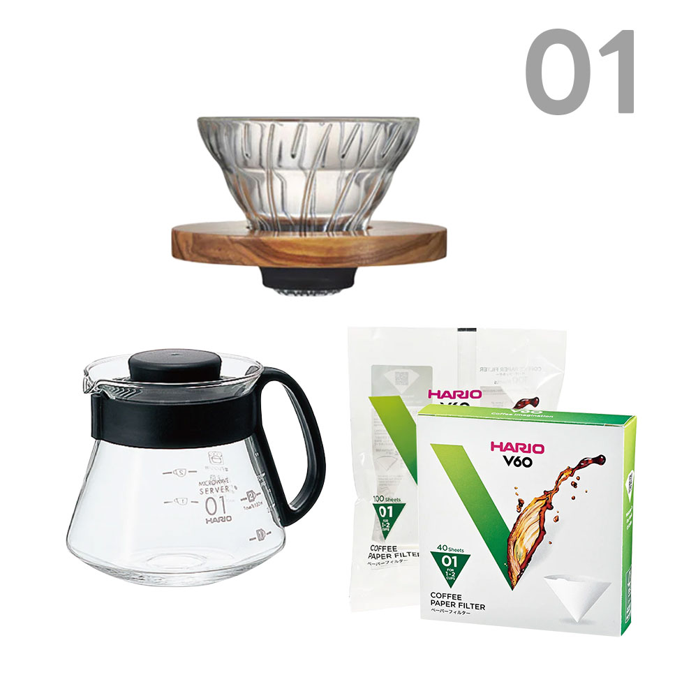 HARIO (ハリオ) V60耐熱ガラス 透過ドリッパー オリーブウッド 01＆V60レンジサーバー360＆V60用フィルターセット