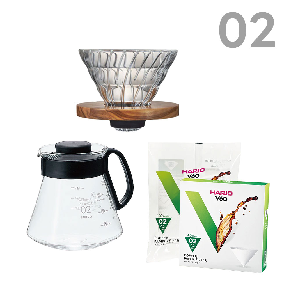 HARIO (ハリオ) V60耐熱ガラス 透過ドリッパー オリーブウッド 02&V60レンジサーバー600&V60用フィルターセット
